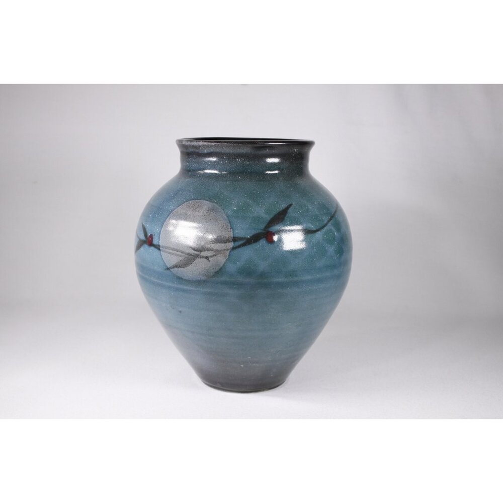 Vintage art pottery vase, Full moon winter themed elegant artist signed pottery